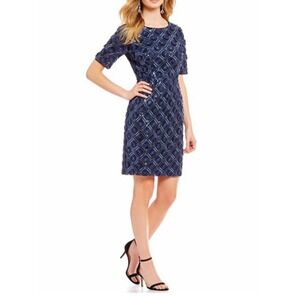 Belle Badgley Mischka Navy Geometric Floral Sequin Sheath Dress Sz 4